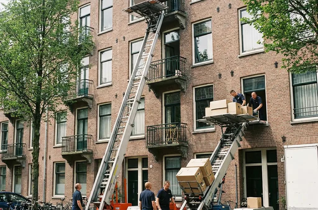 Verhuislift wordt gebruikt om meubels en verhuisdozen naar appartementen op verschillende verdiepingen te verplaatsen.