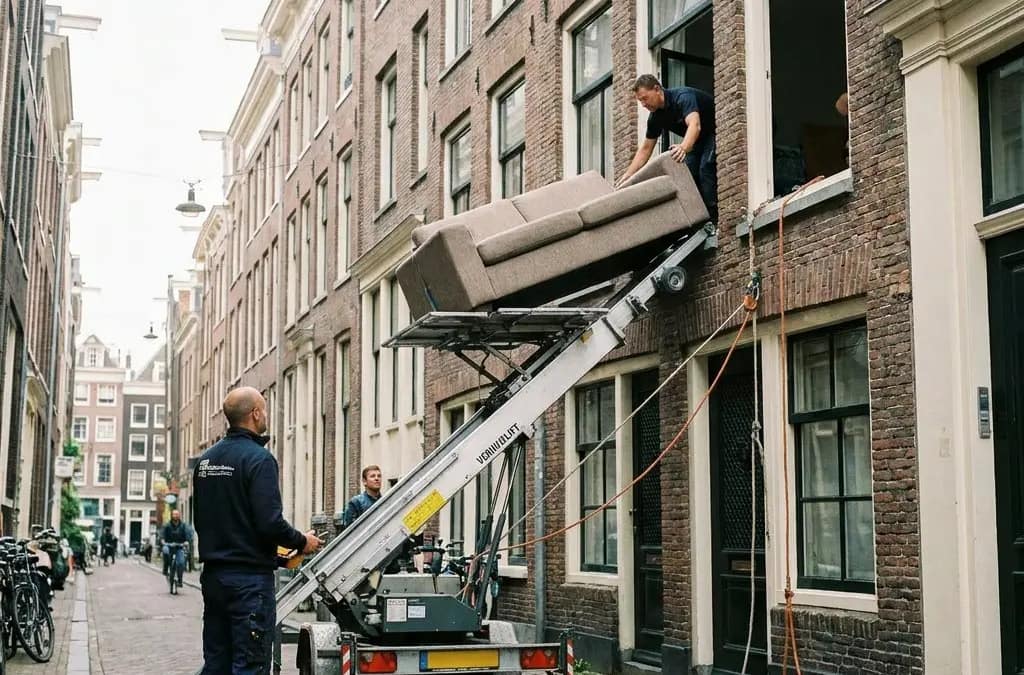 Verhuizers gebruiken een verhuislift op een smalle Amsterdamse straat om een bruine bank via het raam op de eerste verdieping naar binnen te tillen.
