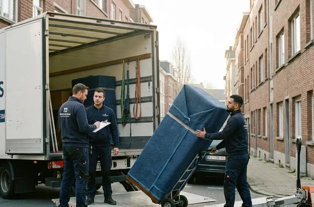 Drie verhuizers in donkere werkkledij bij een verhuiswagen in een straat met bakstenen huizen: één man rijdt een meubelstuk in blauwe beschermdekens op een steekwagen, terwijl twee collega's bij de laadklep een klembord bekijken.