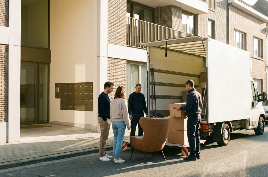 Jong koppel staat met een verhuizer bij een bestelwagen vol dozen voor een appartementsgebouw. Een bruine fauteuil staat al op straat.