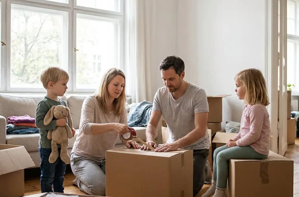 Gezin met twee kinderen pakt verhuisdozen in een lichte woonkamer met houten vloer.