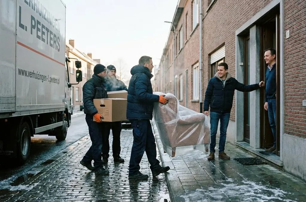 Verhuizers dragen verhuisdozen en een in plastic verpakte fauteuil van een verhuiswagen naar een rijwoning in een besneeuwde straat, waar twee mannen hen aan de deur opwachten.