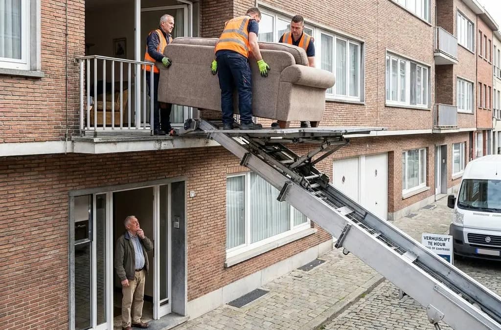 Verhuizers laden een zetel via een verhuislift naar het balkon van een appartement terwijl een bewoner toekijkt.
